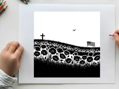 Silhouette of poppies cross and american flag on a hill