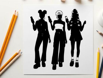 Three women silhouette holding cell phones in black and white