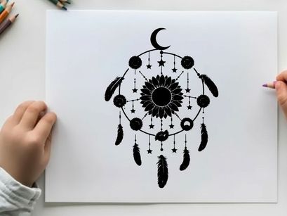 Silhouette dreamcatcher with crescent moon and feathers