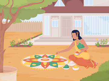 Making rangoli pattern before front door flat color vector illustration preview picture