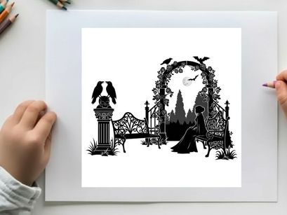 Silhouette of woman sitting by ornate gate with eagle and trees