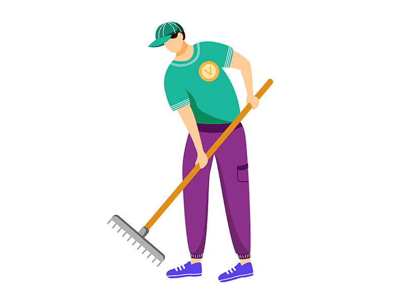 Volunteer working with rake flat vector illustration