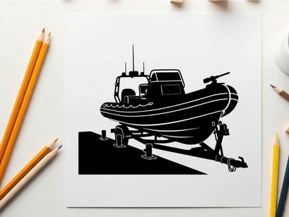 Silhouette of a boat on a trailer in a black and white image