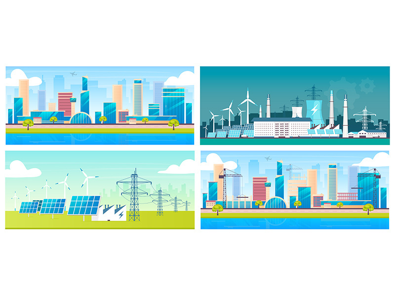Sustainable energy and architecture flat color vector illustrations set