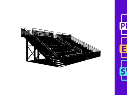 Black and white image of a large outdoor stadium seating structure with metal railings