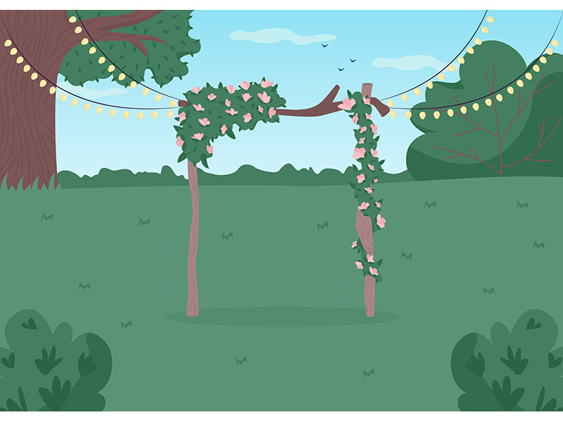 Backyard wedding flat color vector illustration
