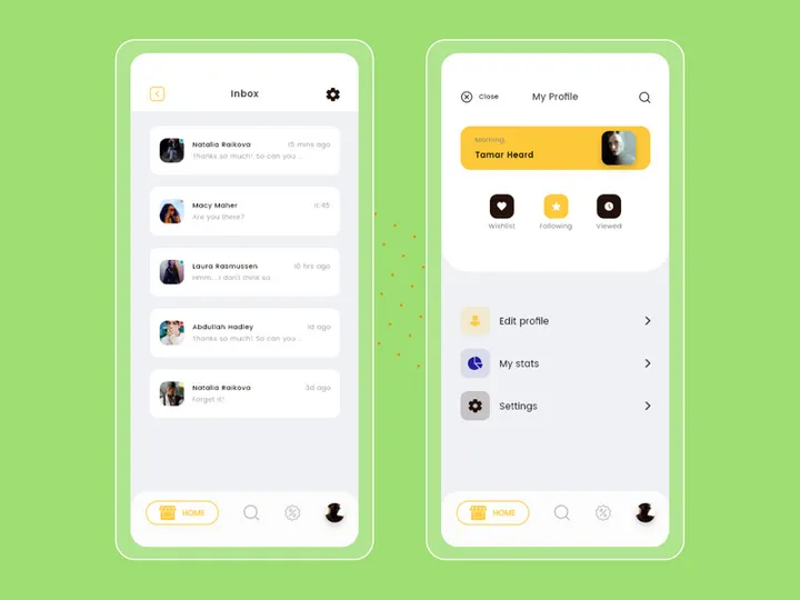 My Profile and Inbox screens for mobile app