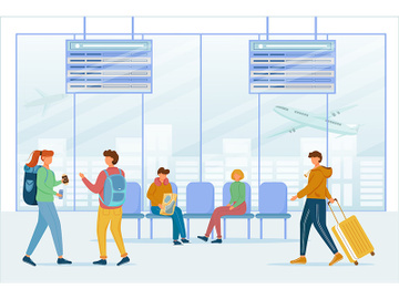 Passengers in airport lounge area flat vector illustration preview picture