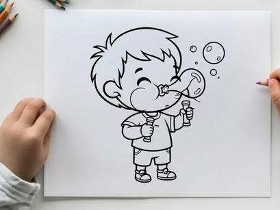 Cute boy blowing bubbles playful cartoon vector illustration