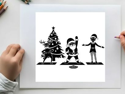 Holiday silhouette of santa reindeer and elf in yoga poses by christmas tree silhouette