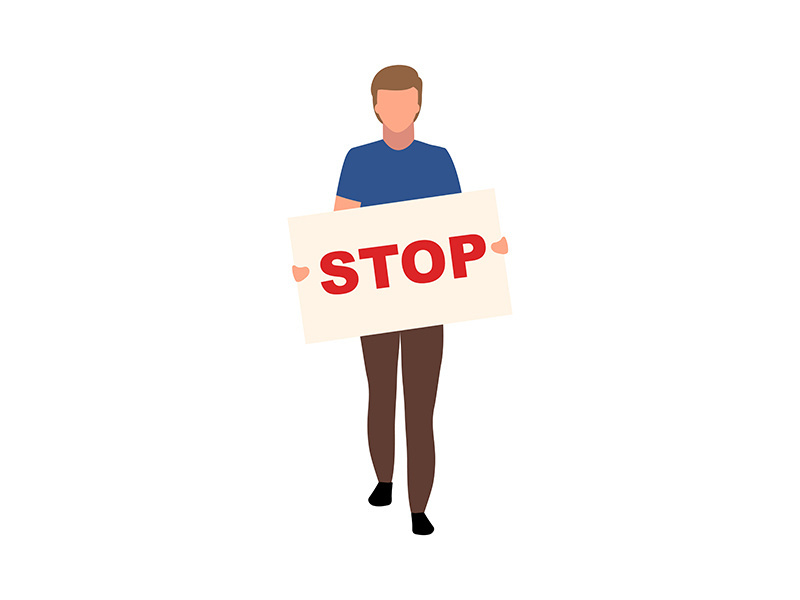 Man with stop placard semi flat color vector character