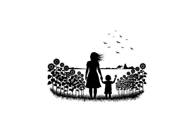 Silhouette of a woman and child in a field of sunflowers