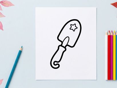 Garden trowel line icon with star. Hand shovel tool for planting and gardening tasks.