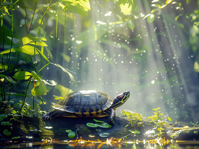 A turtle sunbathes on a rock surrounded by lush greenery and calm waters. Generate AI