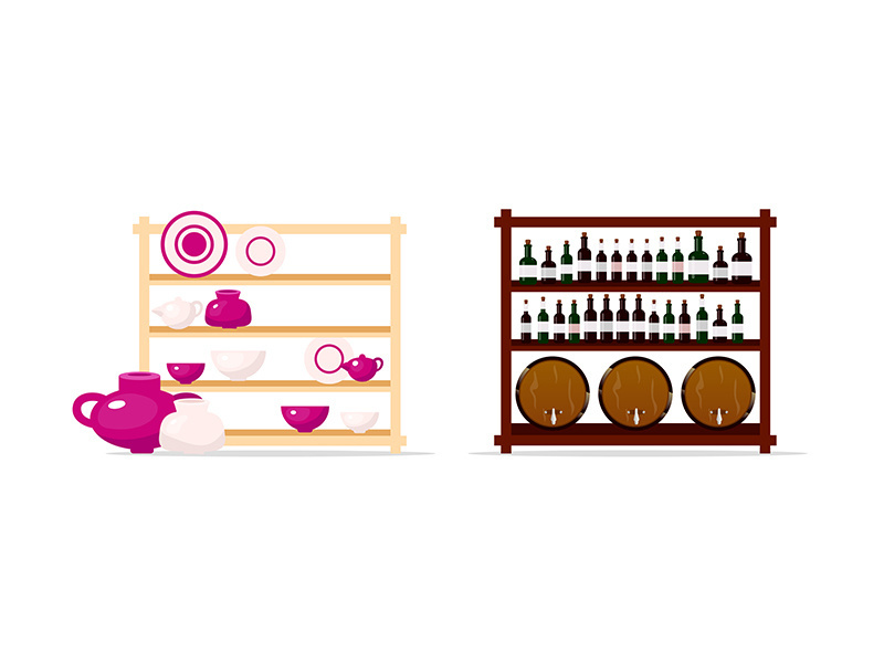 Pottery and wine display flat color vector objects set