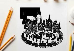 Silhouette of a person building a miniature winter village scene