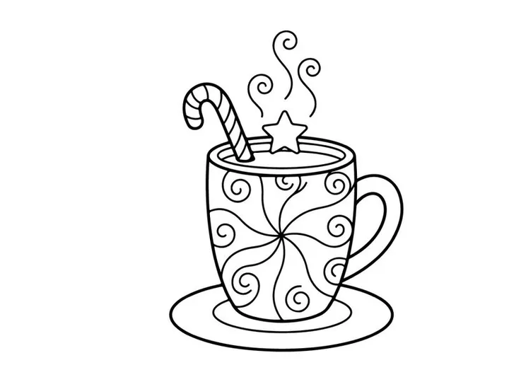 Hand-drawn steaming Christmas coffee mug with candy cane stirrer on festive saucer