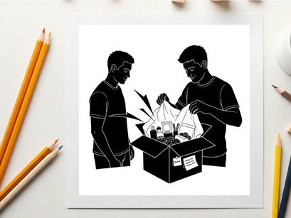 Two men examining contents of a box silhouette