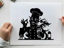 Silhouette of a frustrated chef in a fiery kitchen silhouette