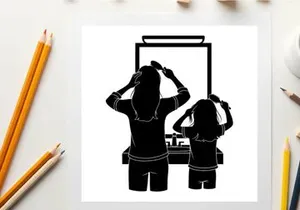 Silhouette of two women styling hair in front of a mirror