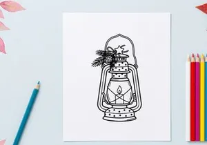 Lanterna vintage desenhada à mão com vela e pinha para decoração festiva de fim de ano