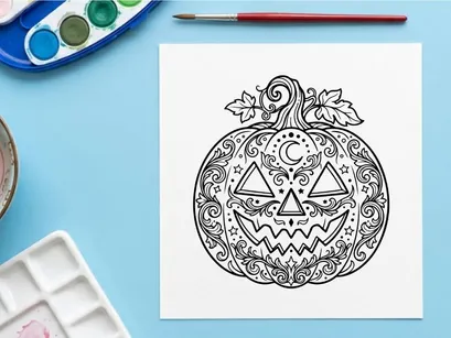 Hand-drawn Halloween pumpkin illustration with spooky face design. Intricate black and white sketch of jack-o'-lantern with floral swirls for seaso...
