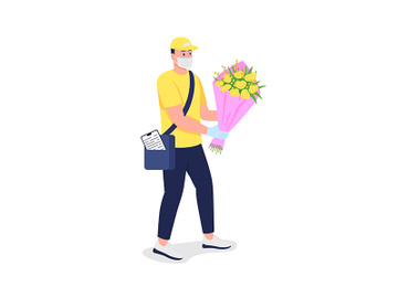 Caucasian delivery man with flowers in medical mask flat color vector detailed character preview picture