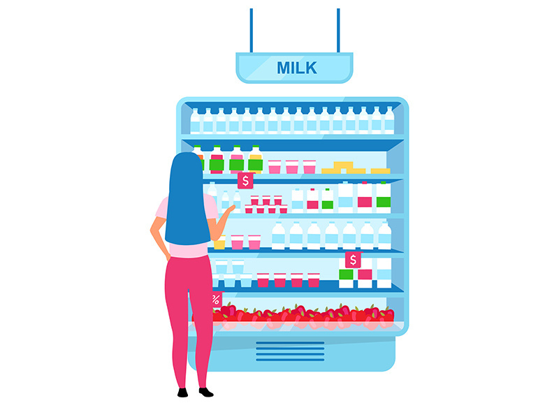 Girl choosing milk in grocery store flat vector illustration