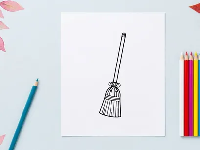 Handgezeichnete Besen-Illustration für Reinigung und Haushaltsarbeiten. Einfache Strichzeichnung eines traditionellen Strohbesens mit Holzstiel.