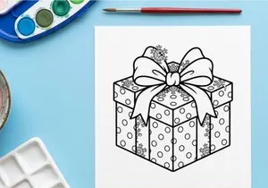 Christmas gift box with polka dot pattern and bow, black and white line art illustration.