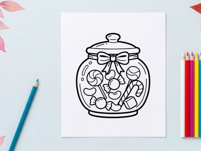 Página para colorear frasco de dulces para niños. Ilustración de línea de dulces en un recipiente de vidrio.