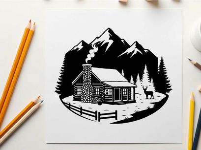 Cozy cabin silhouette in snowy mountain forest landscape