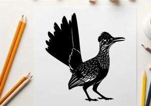 Silhouette of a roadrunner in mid stride with wings spread wide