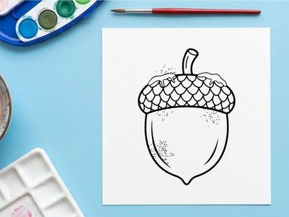 Close-up of an acorn with textured cap and smooth nut. Nature-inspired design element for educational or botanical projects.