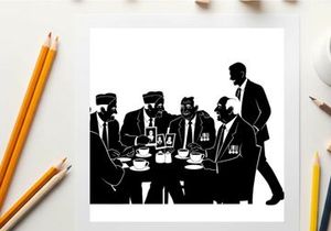 Silhouette of men in suits gathered around a table with cups and pictures