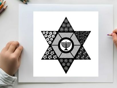Star of david with menorah silhouette and floral patterns