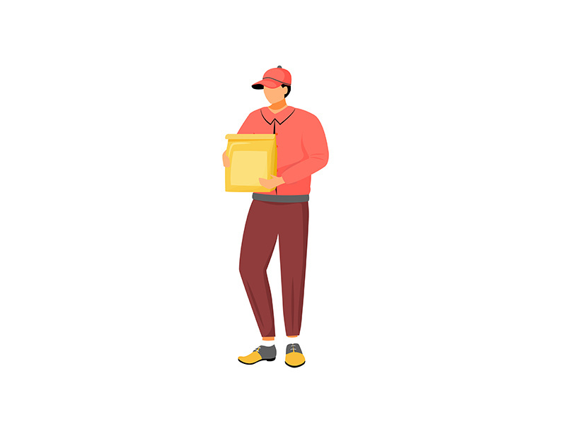 Restaurant food deliveryman, male courier with paper package flat color vector faceless character