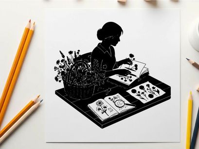 Silhouette of a woman studying botanical illustrations and flowers