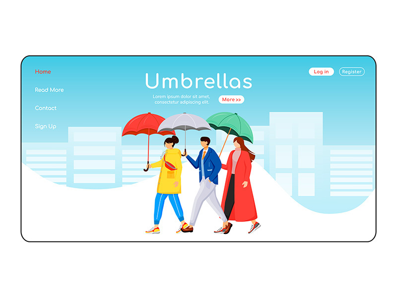 Umbrellas landing page flat color vector template