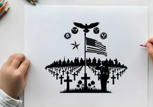 Memorial silhouette of soldier saluting american flag at cemetery