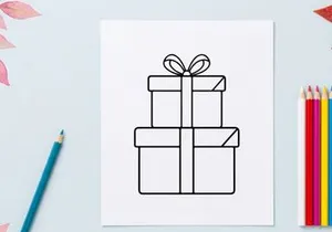 Minimalist line art illustration of stacked Christmas gift boxes with a decorative bow