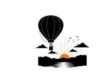 Hot air balloon silhouette at sunrise over serene landscape preview picture