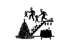 Christmas silhouette of family running up stairs to see gifts