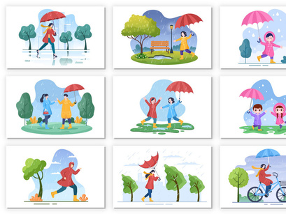 24 People in The Rain Cartoon illustration