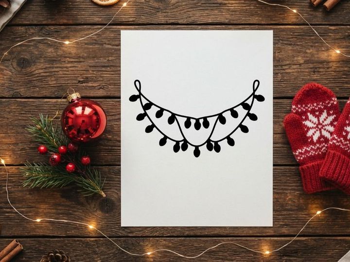 Black silhouette of Christmas string lights isolated on a white background