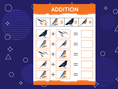 Addition with different birds for kids. An educational worksheet for kids. Vector design