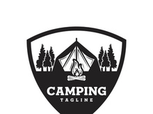 Pine trees and camping tent textured logo design vector illustration