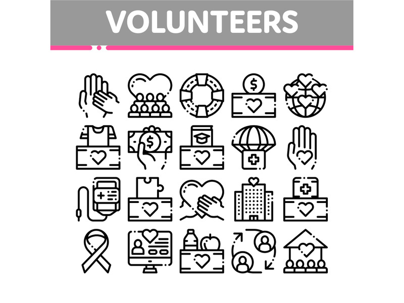 Volunteers Support Vector Thin Line Icons Set