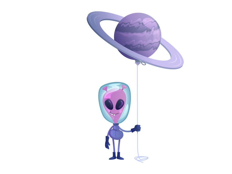 Alien with planet balloon flat cartoon vector illustration