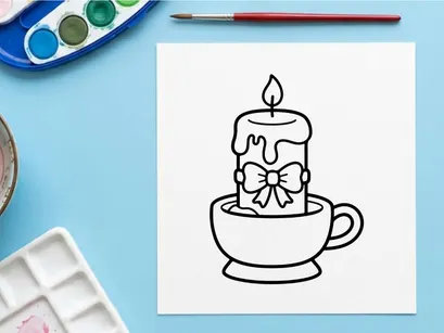 Candle in a teacup coloring page. Cute holiday line art illustration for kids.